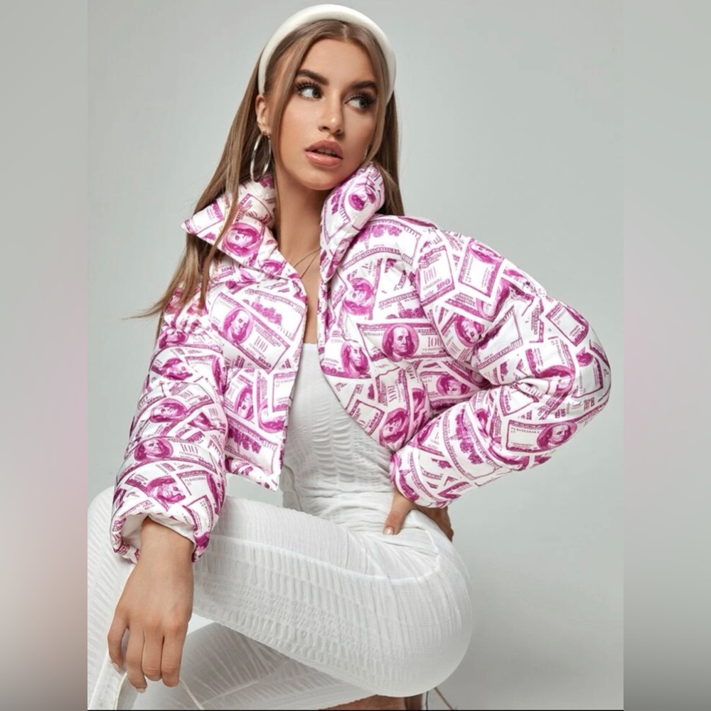 Dollar Print Open Front Crop Puffer Jacket